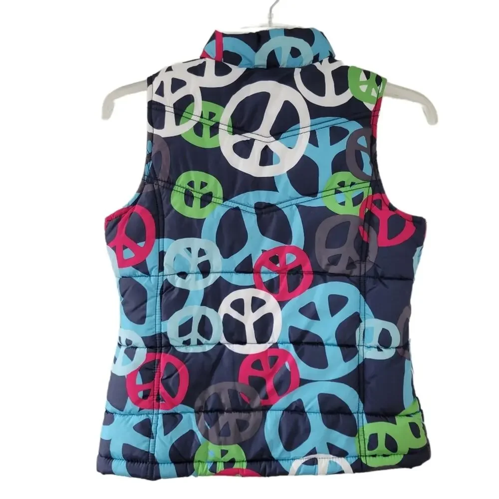 Old Navy Puffer Vest Kids Girls Size Large 10-12 Peace Signs Zip Up Coat